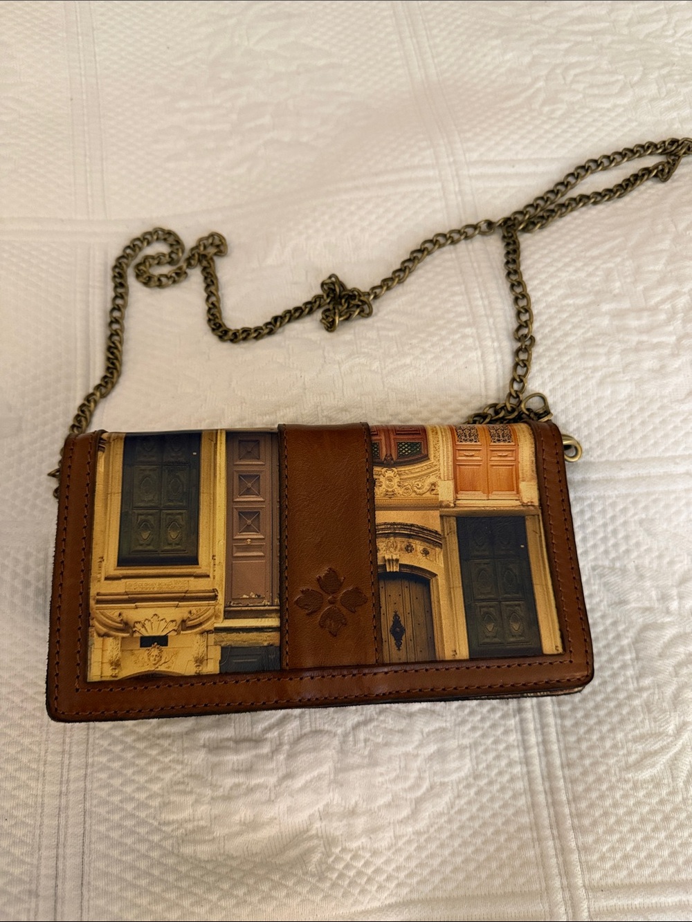 Patricia Nash Brown Leather Crossbody with Architectural Door Print